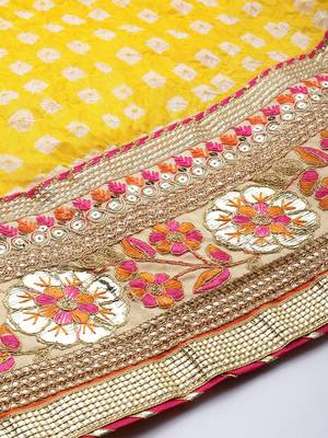 bandhani silk yellow stitched lehenga set with dupatta 5