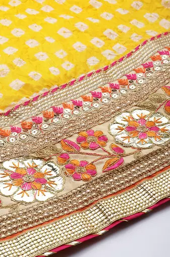 bandhani silk yellow stitched lehenga set with dupatta