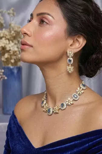 blue stone gold plated floral necklace set with earrings