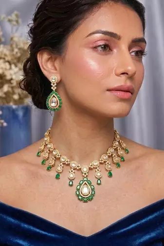 green stone kundan bridal necklace set with earrings