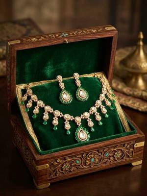 green stone kundan bridal necklace set with earrings 4