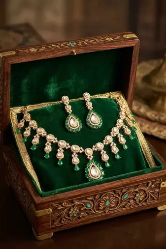 green stone kundan bridal necklace set with earrings