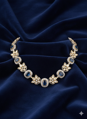 blue stone gold plated floral necklace set with earrings 5