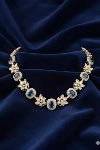 blue stone gold plated floral necklace set with earrings