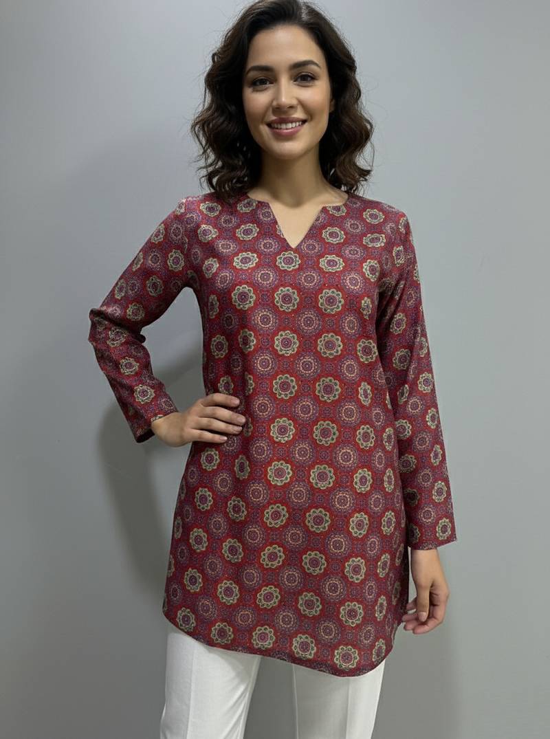  floral digital print muslin silk tunic / stylish short kurti for grilish