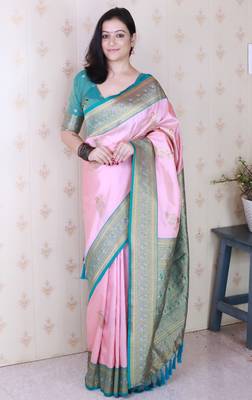 pink soft silk saree with rich zari border & contrast blouse 1