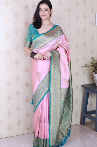 Pink soft silk zari weaving saree with contrast blouse piece