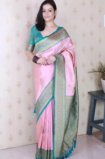 Pink soft silk zari weaving saree with contrast blouse piece