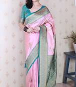 pink soft silk saree with rich zari border & contrast blouse