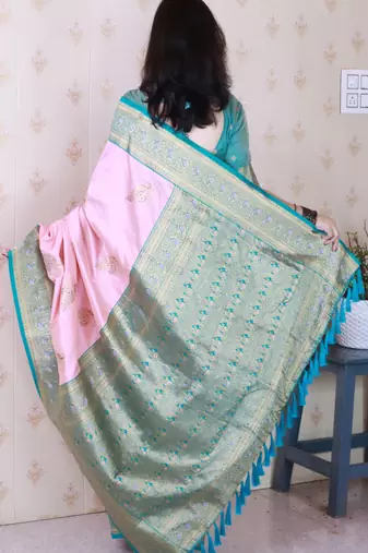 pink soft silk saree with rich zari border & contrast blouse
