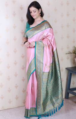 pink soft silk saree with rich zari border & contrast blouse 3
