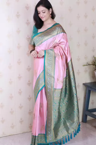 pink soft silk saree with rich zari border & contrast blouse