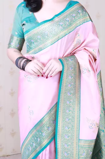 pink soft silk saree with rich zari border & contrast blouse