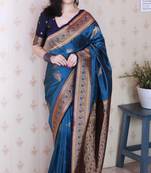 blue soft silk saree with rich zari border & contrast blouse
