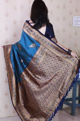 blue soft silk saree with rich zari border & contrast blouse