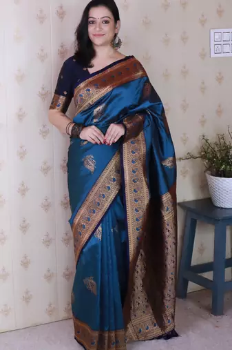 blue soft silk saree with rich zari border & contrast blouse