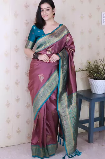 Burgundy soft silk zari weaving saree with contrast blouse piece