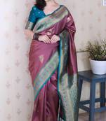 burgundy soft silk saree with rich zari border & contrast blouse
