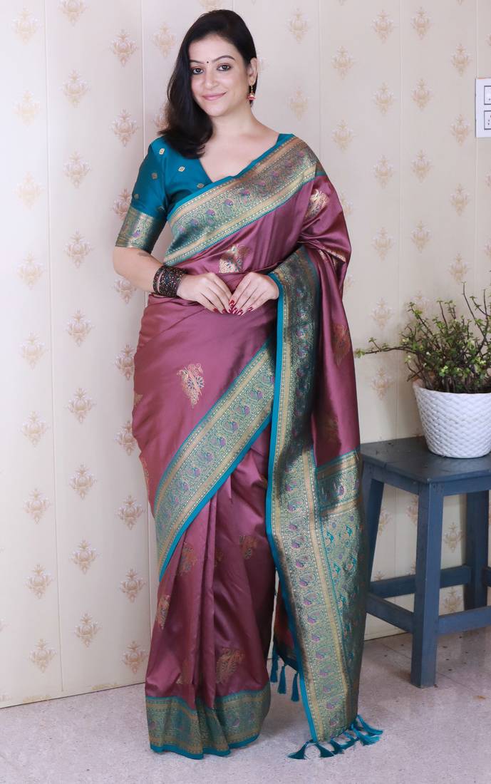 Burgundy soft silk zari weaving saree with contrast blouse piece