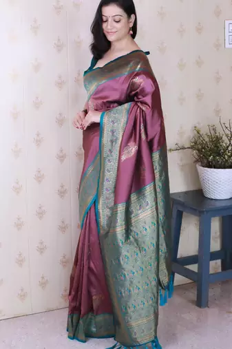 burgundy soft silk saree with rich zari border & contrast blouse