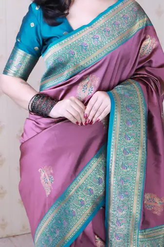 burgundy soft silk saree with rich zari border & contrast blouse