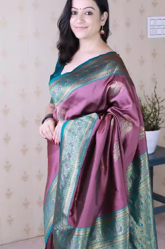 burgundy soft silk saree with rich zari border & contrast blouse