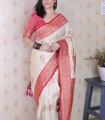 cream soft silk saree with rich zari border & contrast blouse