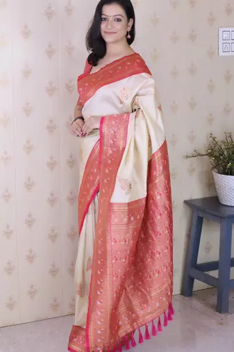cream soft silk saree with rich zari border & contrast blouse