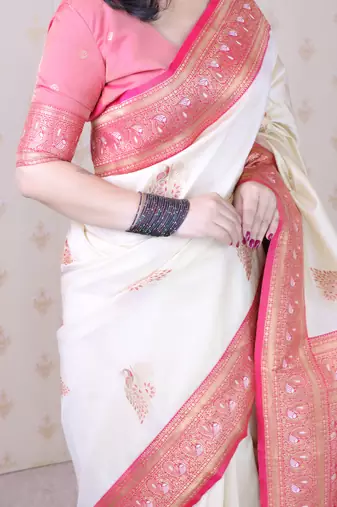 cream soft silk saree with rich zari border & contrast blouse