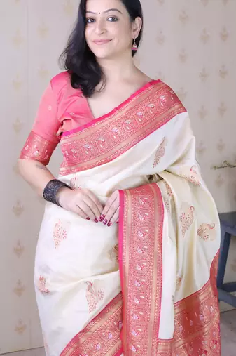 cream soft silk saree with rich zari border & contrast blouse