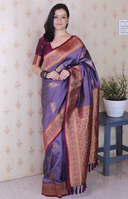 lavender soft silk saree with rich zari border & contrast blouse 1