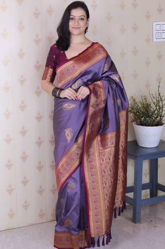 Lavender soft silk zari weaving saree with contrast blouse piece
