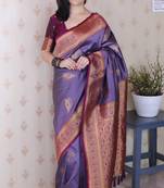 lavender soft silk saree with rich zari border & contrast blouse