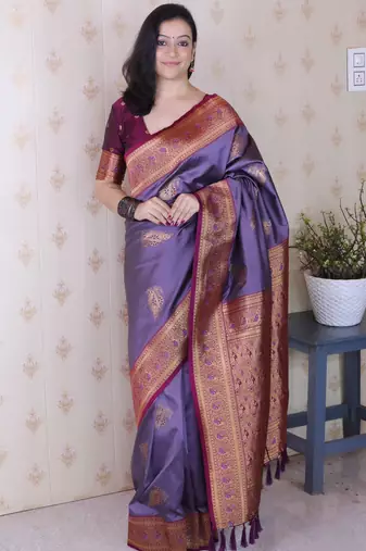 lavender soft silk saree with rich zari border & contrast blouse