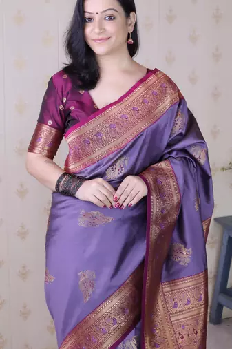 lavender soft silk saree with rich zari border & contrast blouse