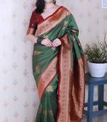 green soft silk saree with rich zari border & contrast blouse