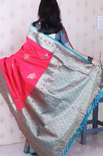 soft silk pink saree with rich zari border & contrast blouse