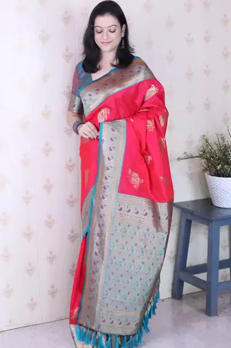 soft silk pink saree with rich zari border & contrast blouse