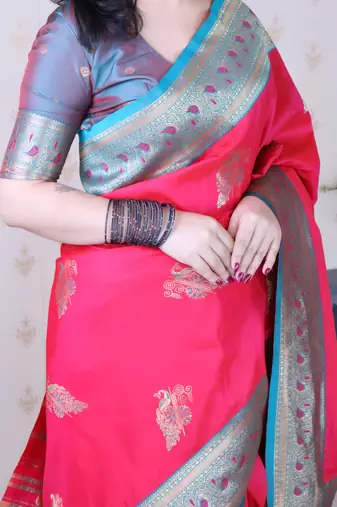 soft silk pink saree with rich zari border & contrast blouse