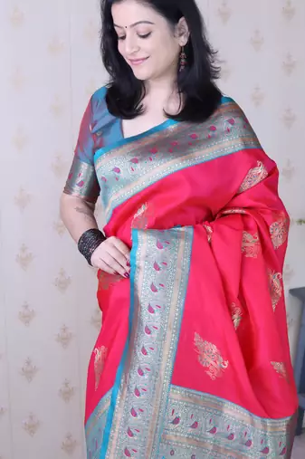soft silk pink saree with rich zari border & contrast blouse