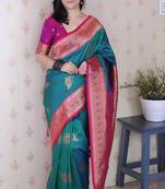 teal soft silk saree with rich zari border & contrast blouse