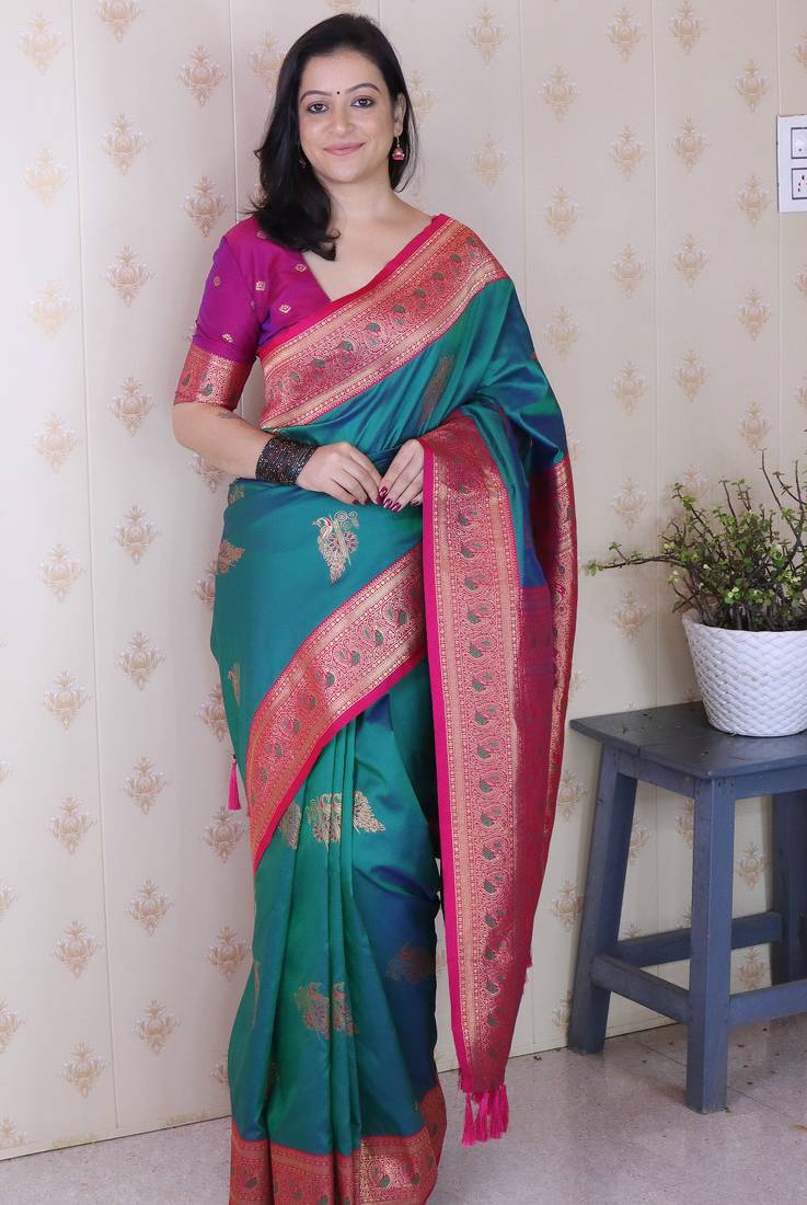 Teal soft silk zari weaving saree with contrast blouse piece