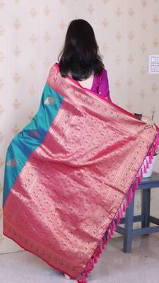 teal soft silk saree with rich zari border & contrast blouse 2