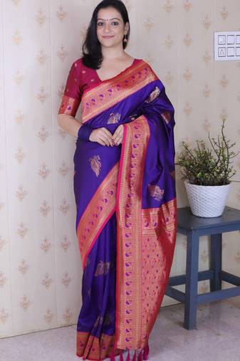 Purple soft silk zari weaving saree with contrast blouse piece