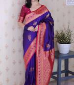 purple soft silk saree with rich zari border & contrast blouse