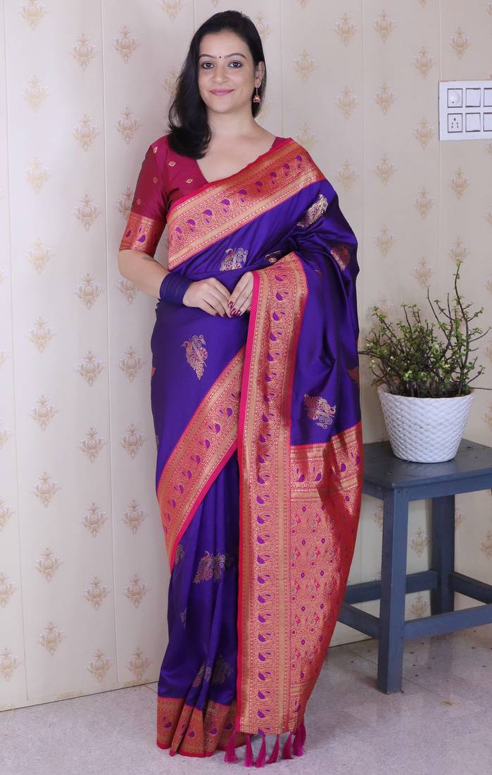 Purple soft silk zari weaving saree with contrast blouse piece