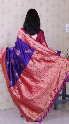 purple soft silk saree with rich zari border & contrast blouse 2
