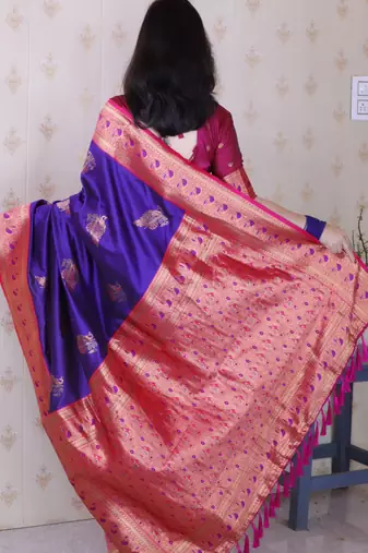 purple soft silk saree with rich zari border & contrast blouse