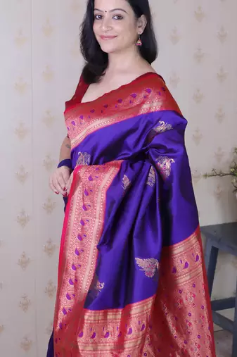 purple soft silk saree with rich zari border & contrast blouse