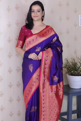 purple soft silk saree with rich zari border & contrast blouse